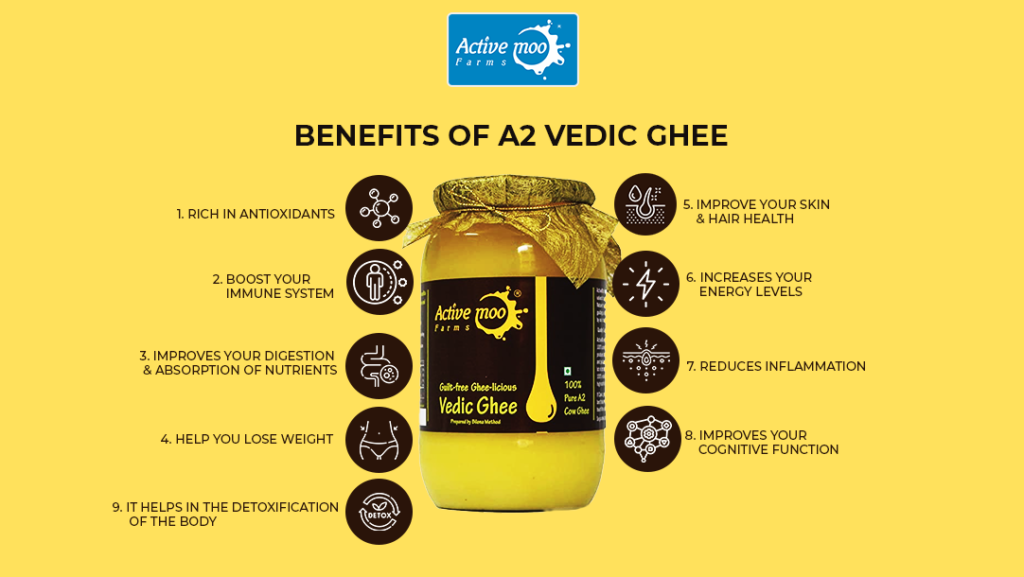 benefits of A2 vedic ghee with a bottle of A2 vedic ghee