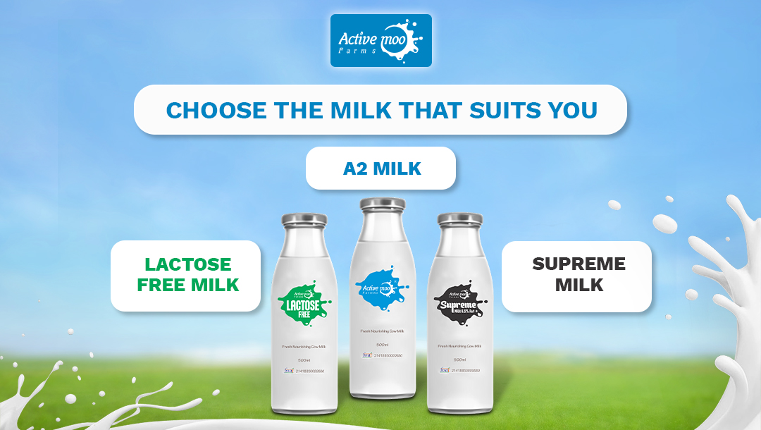A2 milk, Lactose-free milk and supreme milk with their bottles